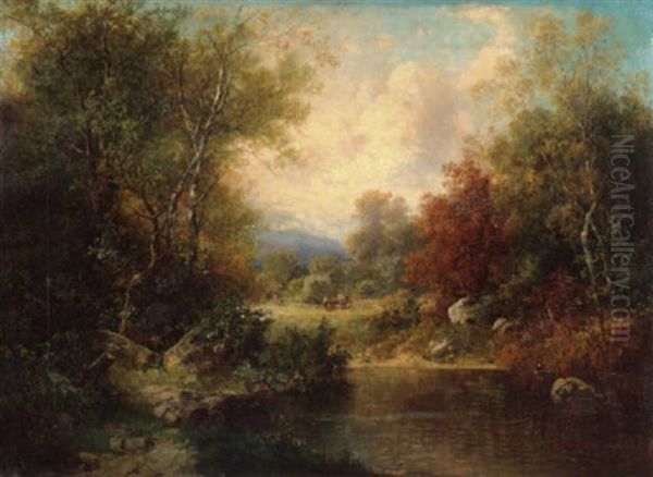 Landschaft Mit Teich Und Heuernte Oil Painting by Alfred K.J.O. von Schoenberger