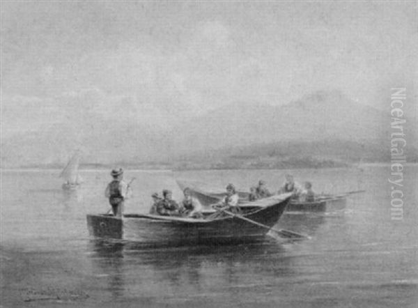 Ruderboote Mit Ausfluglern Auf Einem Alpensee Oil Painting by Alfred K.J.O. von Schoenberger