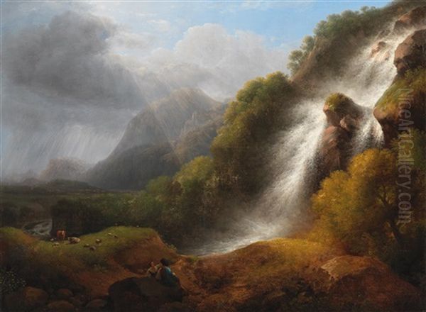 Waterfall In A Vast Italian Landscape With Shepherds Oil Painting by Lorenz Adolf Schoenberger