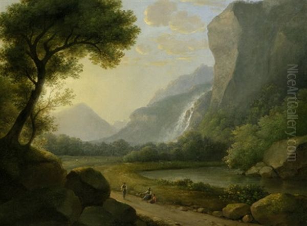 Italienische Gebirgslandschaft Mit Flus Bei Sonnenaufgang (+ Vollmond Uber Einer Italienischen Kustenlandschaft; 2 Works) Oil Painting by Lorenz Adolf Schoenberger