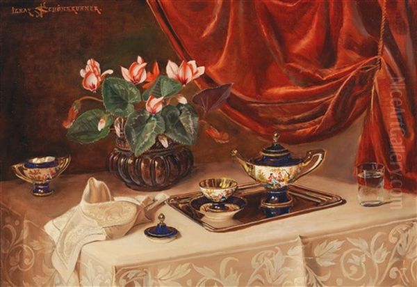 Large Decorative Still Life With Cyclamen And Decorative Objects Oil Painting by Ignaz Schoenbrunner the Elder