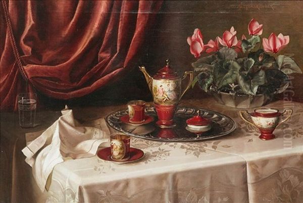 Still Life With Porcelain Tea Service, Napkin And Flowers In A Dish On A Table Oil Painting by Ignaz Schoenbrunner the Elder