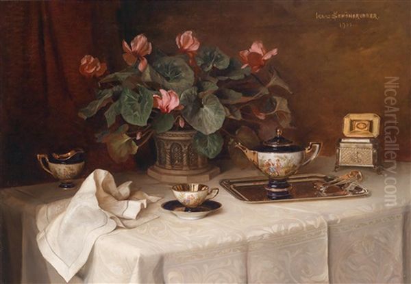 Stillleben Mit Cyclamen Und Ziergegenstanden Oil Painting by Ignaz Schoenbrunner the Elder