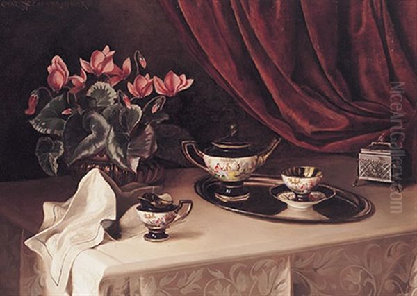 Stilleben Mit Alpenveilchen, Kaffeeservice Und Silberner Zuckerdose Auf Damastdecke Oil Painting by Ignaz Schoenbrunner the Elder