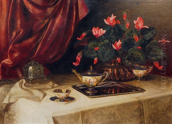 A Still Life With A Tea Set And Cyclamen Oil Painting by Ignaz Schoenbrunner the Elder