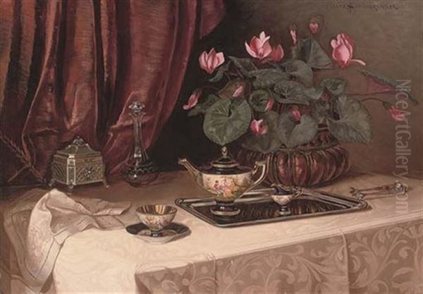 Cyclamen In A Copper Urn, A Tea Service On A Silver Tray, A Silver Box And A Decanter On A Draped Table Oil Painting by Ignaz Schoenbrunner the Elder