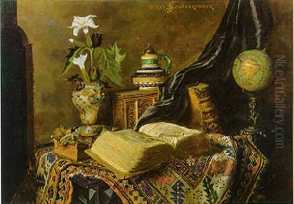 Still Life With Persian Rug, Globe, Pottery, Books And Lilies On A Table Oil Painting by Ignaz Schoenbrunner the Elder