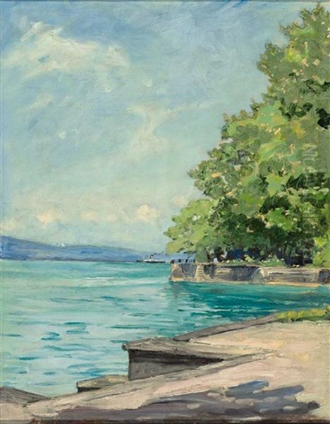 Blick Vom Lindenhofpark In Lindau-schachen Uber Den Bodensee Auf Das Schweizer Ufer Oil Painting by Leopold Schoenchen