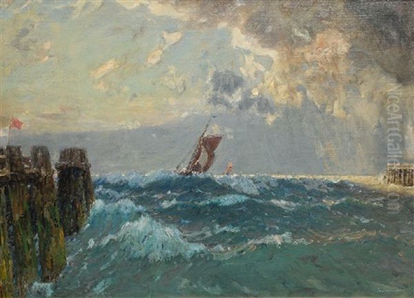 Fischerboote In Sturmischer Nordsee Oil Painting by Leopold Schoenchen