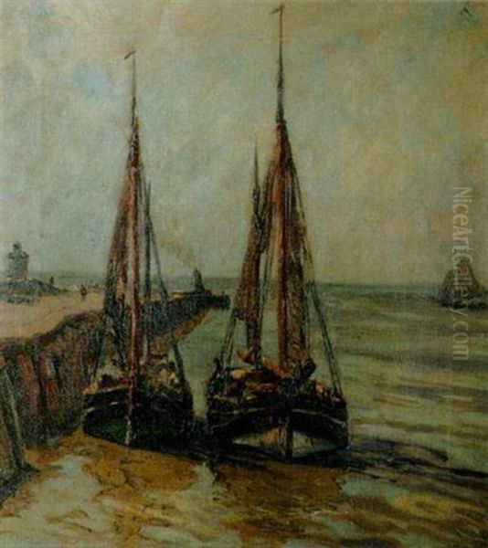 Fischerbote Im Bremer Hafen Oil Painting by Leopold Schoenchen