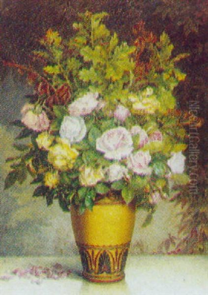 Blomster Og Egegrene I Krukke Oil Painting by Otto (Ludvig O. Sofus) Schondel