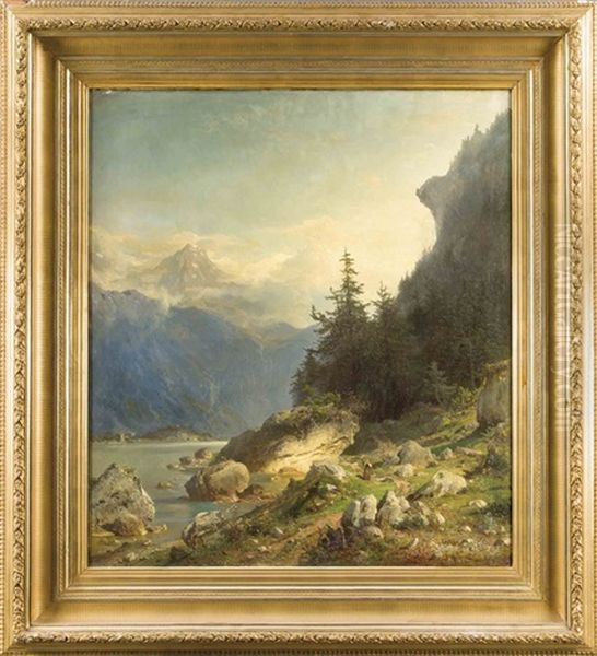 Alpine Landschaft Mit Figurenstaffage Am Felsigen Ufer Eines Bergsees U. Gebirgsmassiv Im Hintergrund Oil Painting by Eduard Schonfeld