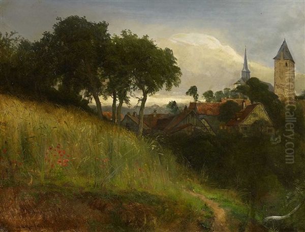 Blick Auf Ein Kirchdorf (erkrath Bei Dusseldorf?) Oil Painting by Eduard Schonfeld