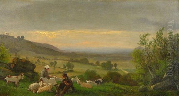 Weite Landschaft Im Abendlicht. Im Vordergrund Ziegenhirten Oil Painting by Eduard Schonfeld