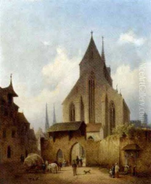 Figures Before A Gothic Church by Heinrich Schonfeld