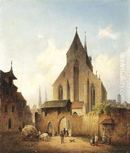 Partie Vor Einer Gotischen Klosterkirche In Einer Deutschen Kleinstadt Oil Painting by Heinrich Schonfeld