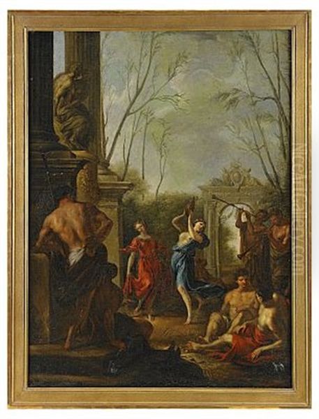 Klassicerande Ruinlandskap Med Dansande Figurer Oil Painting by Johann Heinrich Schoenfeldt