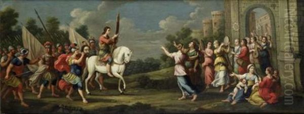 L'entree Triomphale De David A Jerusalem Apres Sa Victoire Contre Goliath Oil Painting by Johann Heinrich Schoenfeldt