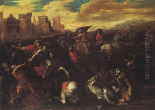 A Cavalry Skirmish Before A Fortified Town Oil Painting by Johann Heinrich Schoenfeldt