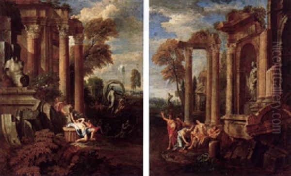 Italianate Landscape With Figures Amongst Classical Ruins Oil Painting by Johann Heinrich Schoenfeldt