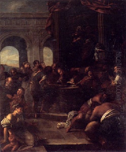 A Biblical Scene (joseph Distributing Corn?) Oil Painting by Johann Heinrich Schoenfeldt