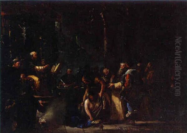 A Woman Brought Before A Priest In A Church By Night Oil Painting by Johann Heinrich Schoenfeldt