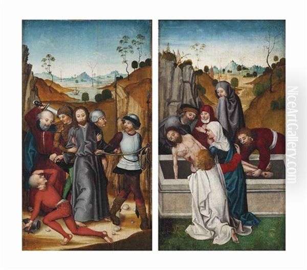 Wing Of An Altarpiece: The Arrest Of Christ (outer Face); And The Entombment (inner Face) Oil Painting by Ludwig Schongauer