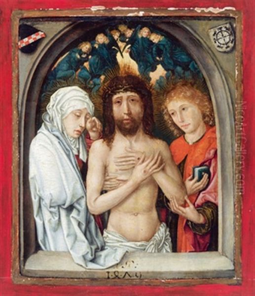 Schule Christus Als Schmerzensmann Zwischen Maria Und Johannes Mit Engeln, An Den Oberen Bildrandern Je Ein Wappen Oil Painting by Martin Schongauer