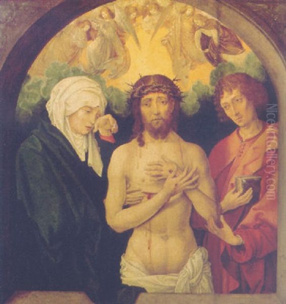 Christ, The Man Of Sorrows, Attended By The Virgin And Saint John The Evangelist Oil Painting by Martin Schongauer