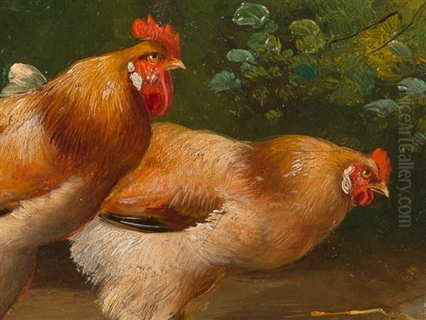 Rooster And Hen Oil Painting by Alfred Schoenian