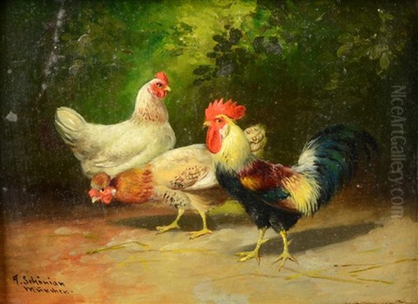 Roosters And Hens (pair) Oil Painting by Alfred Schoenian