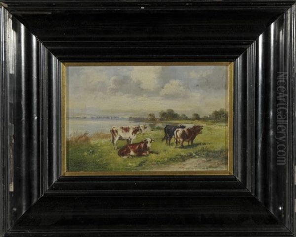 Chiemseelandschaft Mit Rindern Auf Der Weide Oil Painting by Alfred Schoenian