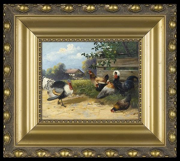 In The Backyard - Turkey, Rooster And Hens Oil Painting by Alfred Schoenian