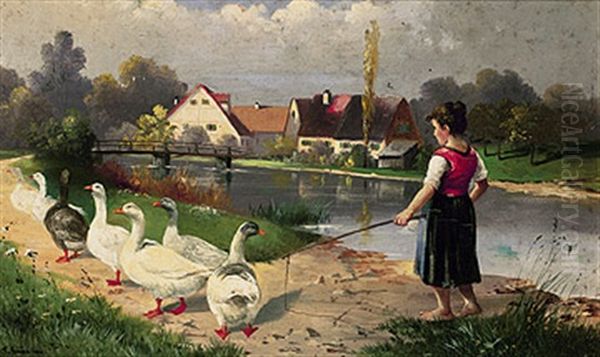 Die Ganseliesel Mit Ihrer Schar Am Teich; Im Hintergrund Gehoft Im Sonnigen Licht Oil Painting by Alfred Schoenian