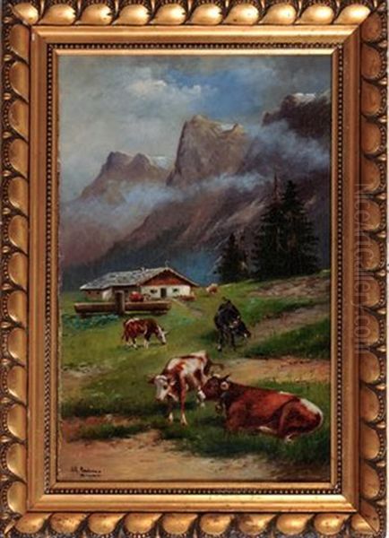 Weidende Kuhe Vor Bergmassiv Oil Painting by Alfred Schoenian