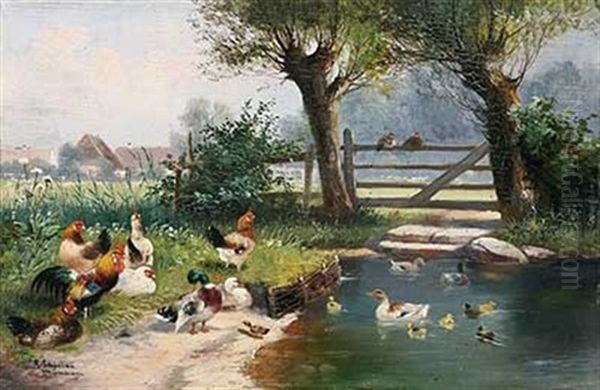 Enten Und Huhner Am Weiher Bei Einem Gehoft Oil Painting by Alfred Schoenian