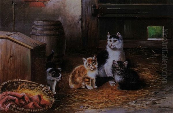 Die Katzen Im Stall Oil Painting by Alfred Schoenian