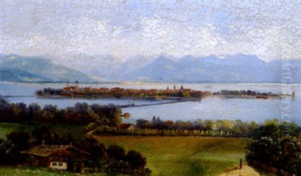 Blick Vom Hoyerberg Auf Die Inselstadt Lindau Mit Prachtvollem Gebirgspanorama Oil Painting by Alfred Schoenian