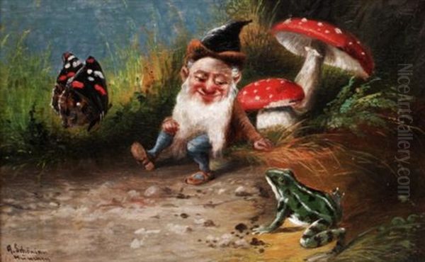 Gnome And Frog Oil Painting by Alfred Schoenian