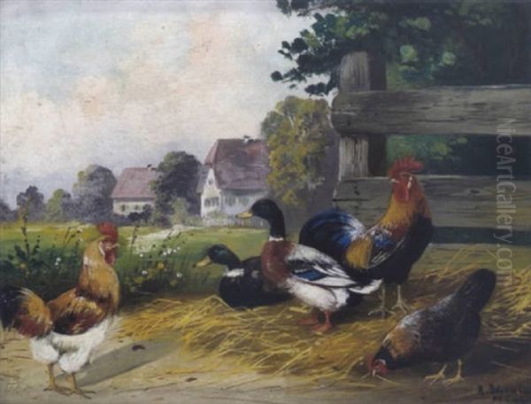 Huhnerhof Mit Enten Oil Painting by Alfred Schoenian