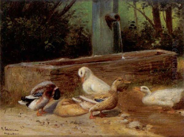 Enten Am Wassertrog Oil Painting by Alfred Schoenian