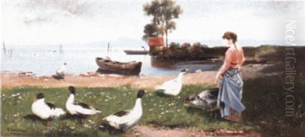 The Goose Girl Oil Painting by Alfred Schoenian