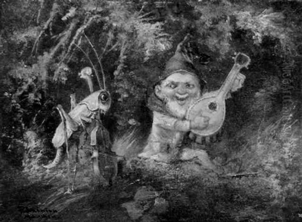 Music Of The Forest / Genre Scene With Cricket And Dwarf Oil Painting by Alfred Schoenian