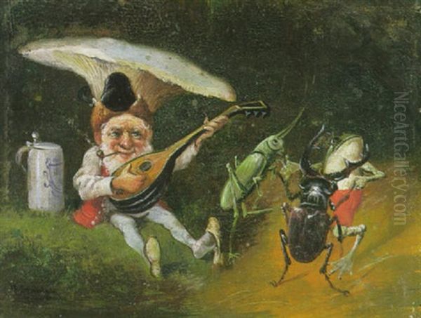 Ein Zwerg, Der Mandoline Spielt, Hirschkafer, Heuschrecke Und Frosch Tanzen Zu Seiner Musik Oil Painting by Alfred Schoenian