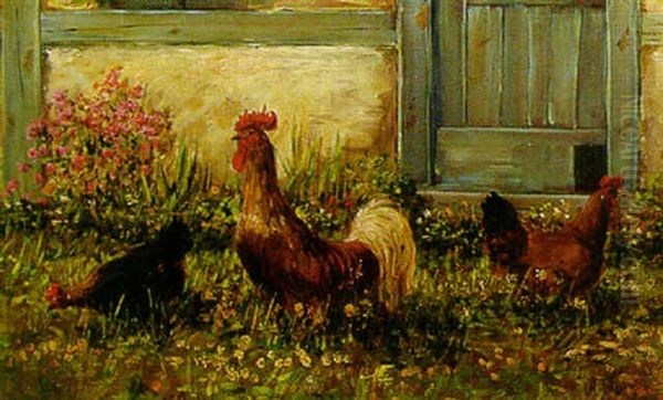 Chickens By A Barn Oil Painting by Alfred Schoenian