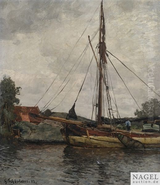 Abgetakeltes Segelschiff Auf Einem Kanal Oil Painting by Gustav Schoenleber