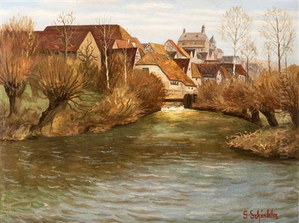 Muhle Am Wehr Mit Blick Auf Besigheim Oil Painting by Gustav Schoenleber