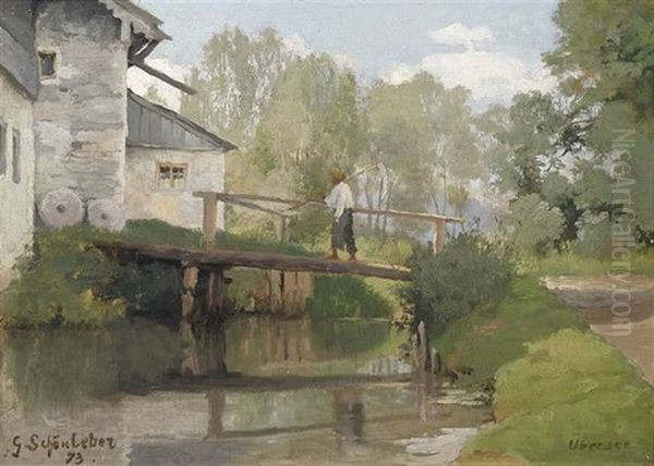 Sommerliche Landschaft Mit Einem Schnitter Auf Einer Brucke Oil Painting by Gustav Schoenleber