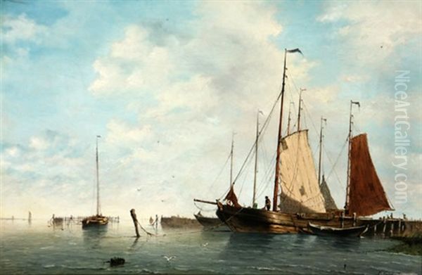 Boats In A Harbor Oil Painting by Gustav Schoenleber