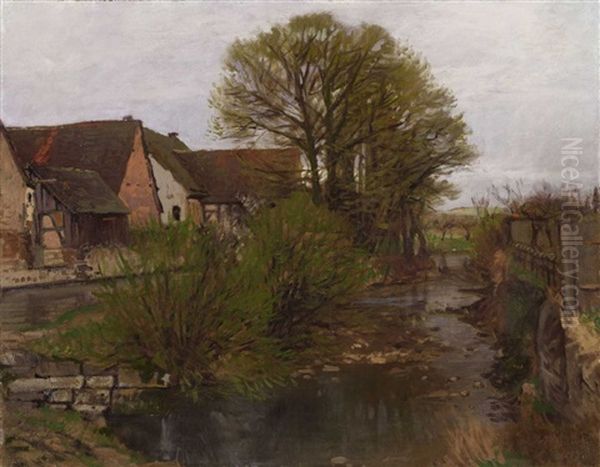 Farmer's Cottages By A Stony Stream Oil Painting by Gustav Schoenleber